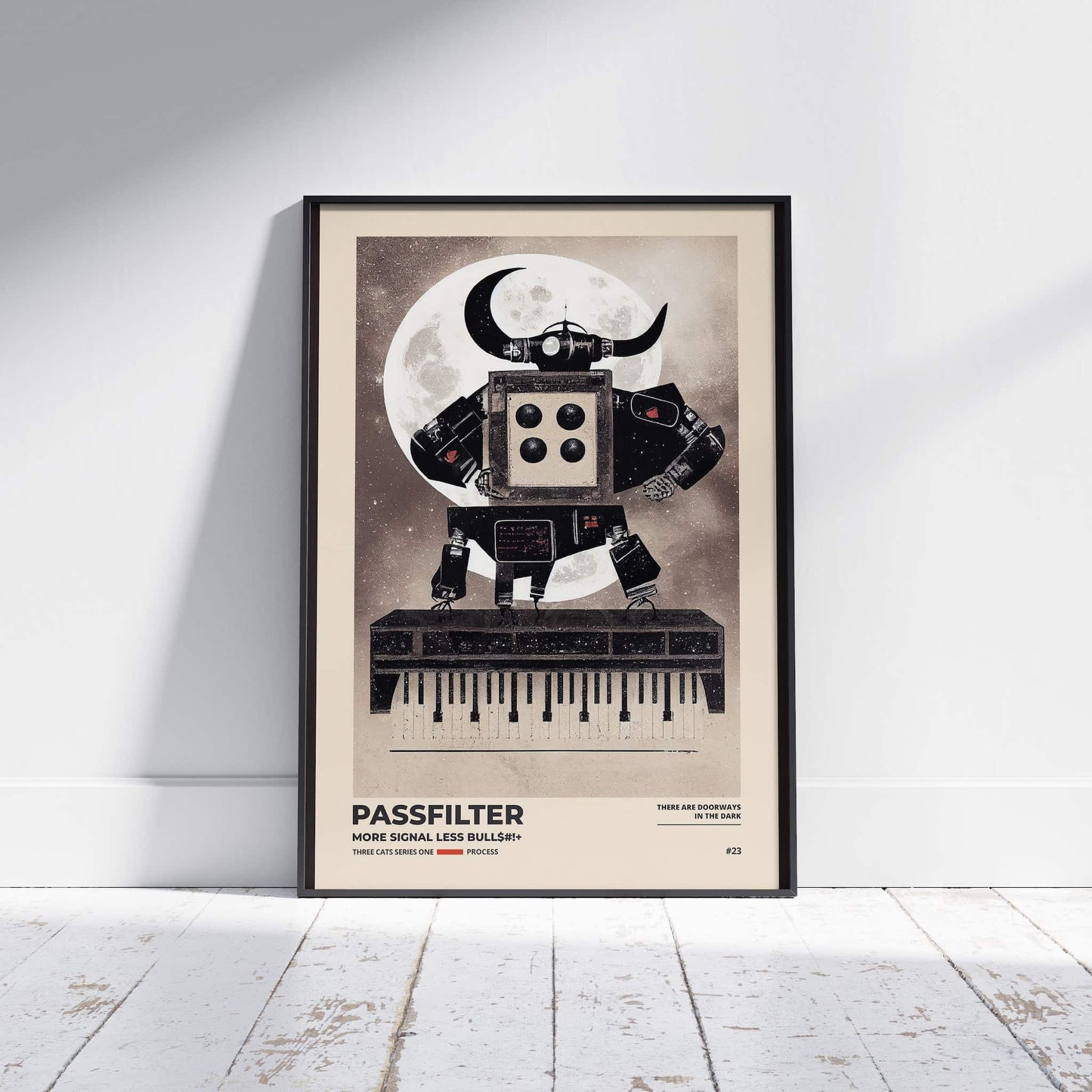Black framed Passfilter poster sitting on a white wooden floor in a recording studio.