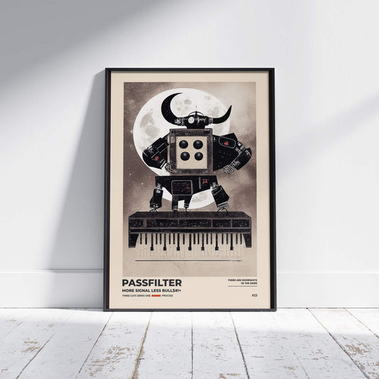 Black framed Passfilter poster sitting on a white wooden floor in a recording studio.