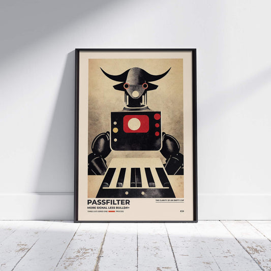 Black framed Passfilter poster sitting on a white wooden floor in a recording studio.
