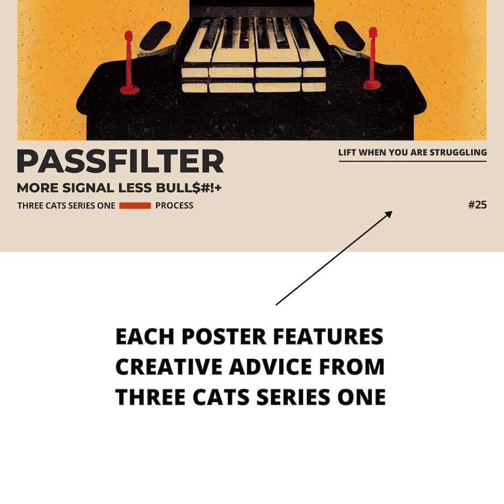 Zoomed in view of a Passfilter poster featuring creative advice to hang in a music room.