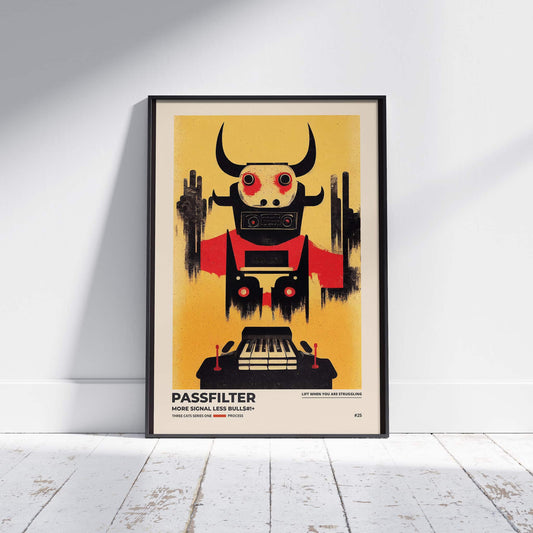 Black framed Passfilter poster sitting on a white wooden floor in a recording studio.