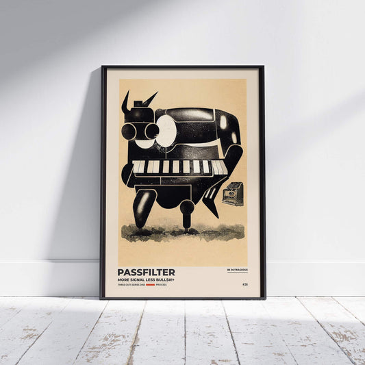 Black framed Passfilter poster sitting on a white wooden floor in a recording studio.