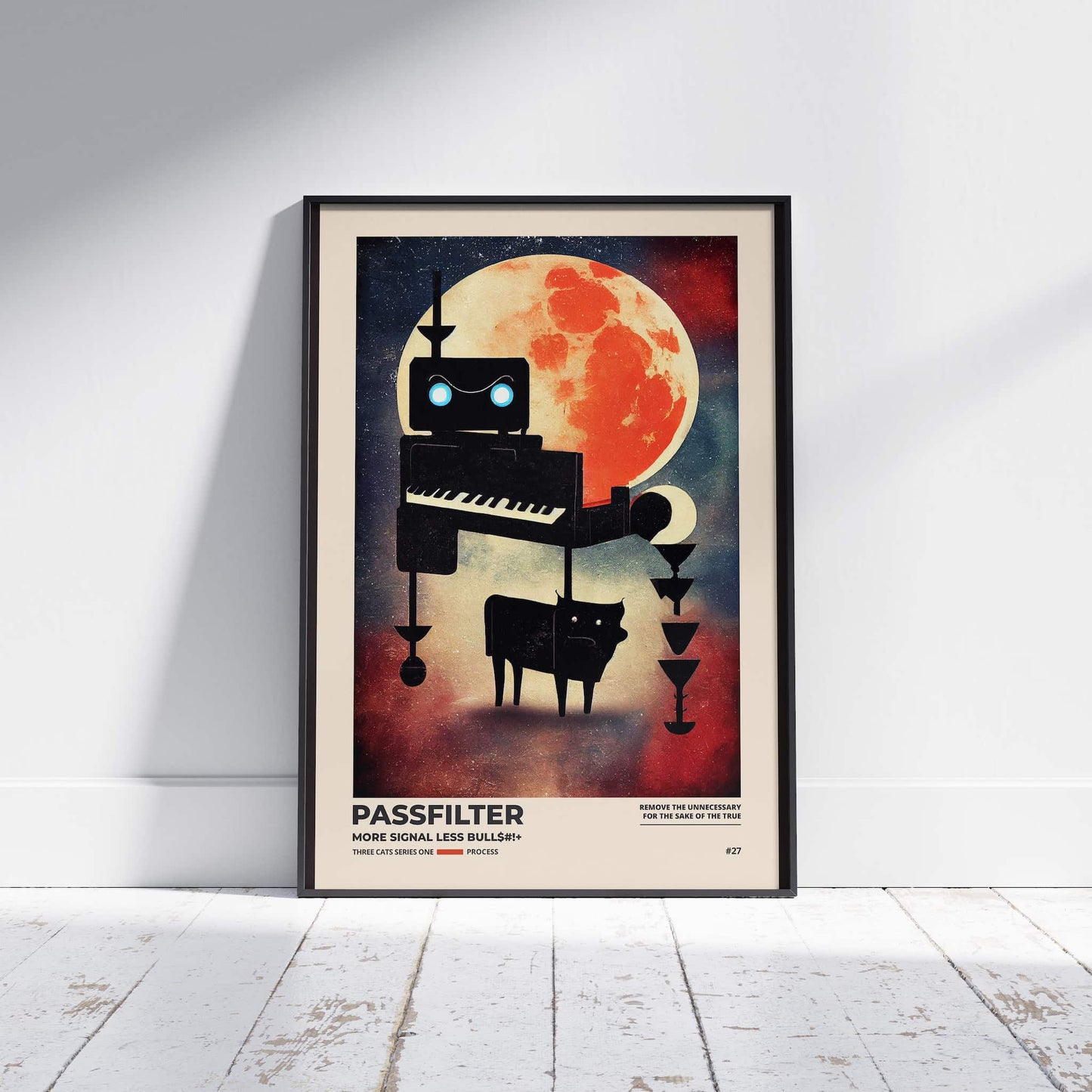 Black framed Passfilter poster sitting on a white wooden floor in a recording studio.