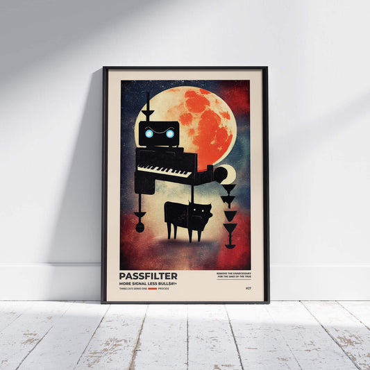 Black framed Passfilter poster sitting on a white wooden floor in a recording studio.