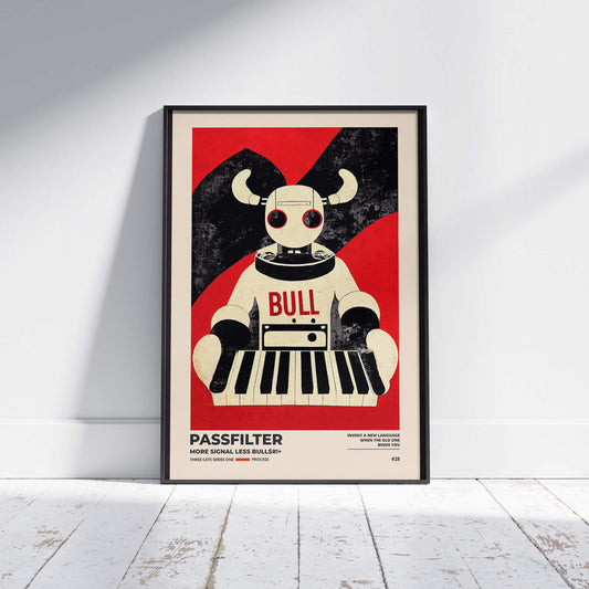 Black framed Passfilter poster sitting on a white wooden floor in a recording studio.
