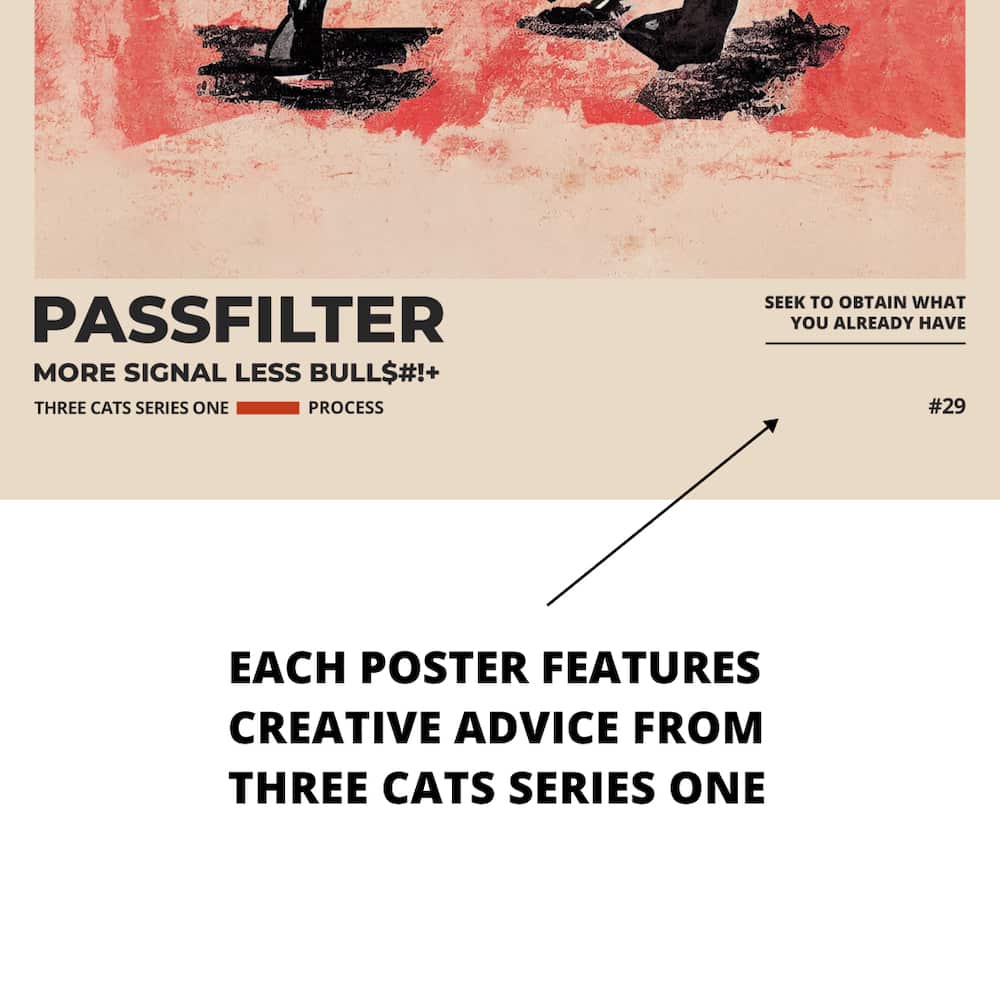 Zoomed in view of a Passfilter poster featuring creative advice to hang in a music room.