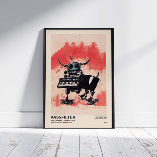 Black framed Passfilter poster sitting on a white wooden floor in a recording studio.