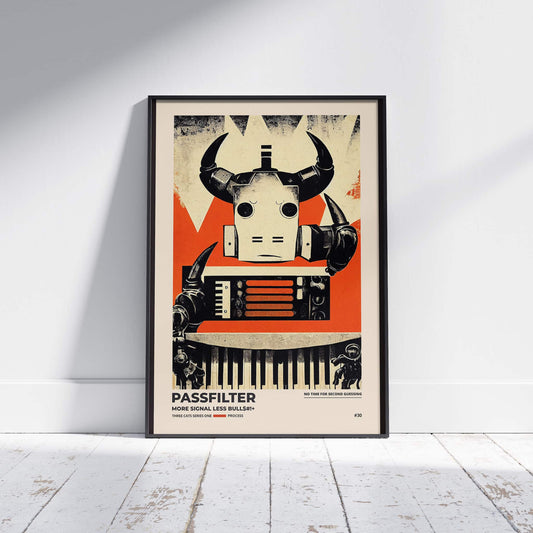 Black framed Passfilter poster sitting on a white wooden floor in a recording studio.