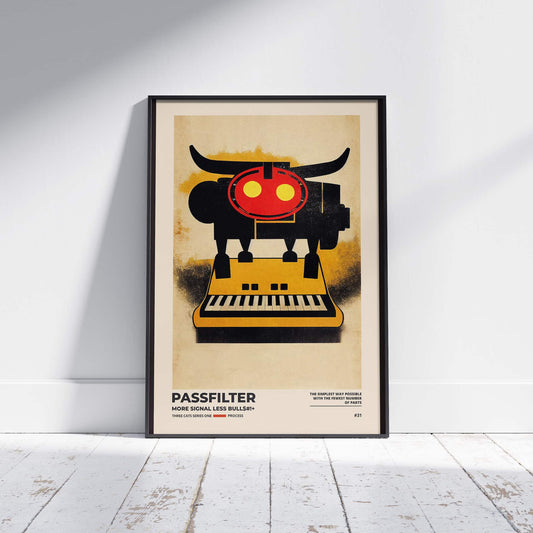 Black framed Passfilter poster sitting on a white wooden floor in a recording studio.