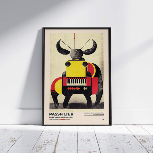 Black framed Passfilter poster sitting on a white wooden floor in a recording studio.