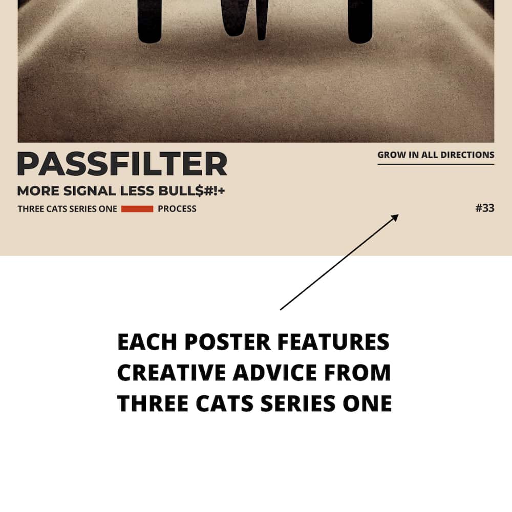 Zoomed in view of a Passfilter poster featuring creative advice to hang in a music room.