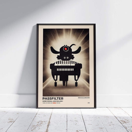Black framed Passfilter poster sitting on a white wooden floor in a recording studio.