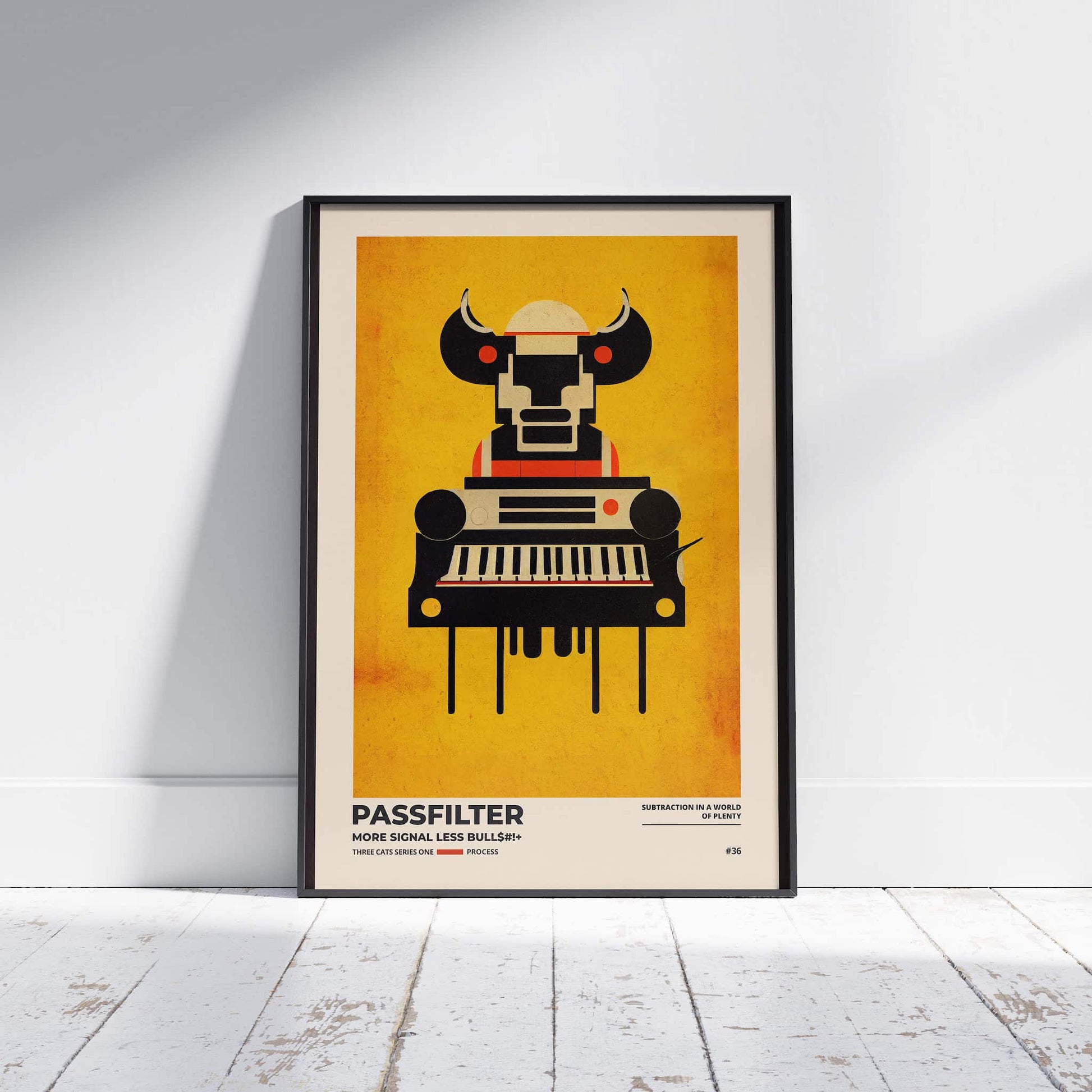 Black framed Passfilter poster sitting on a white wooden floor in a recording studio.