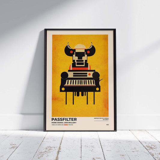 Black framed Passfilter poster sitting on a white wooden floor in a recording studio.