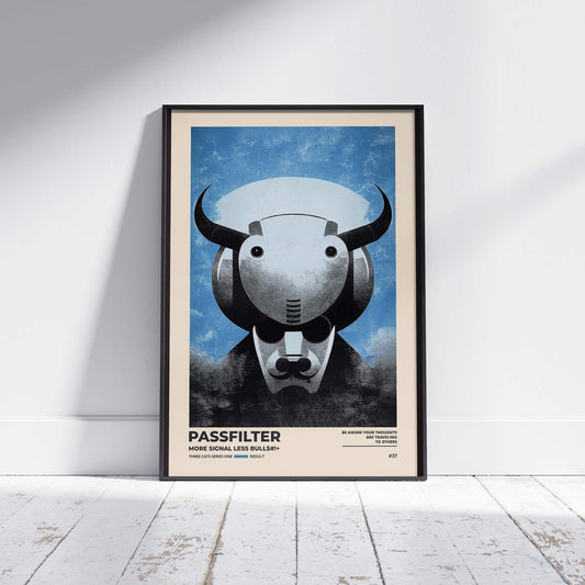 Black framed Passfilter poster sitting on a white wooden floor in a recording studio.