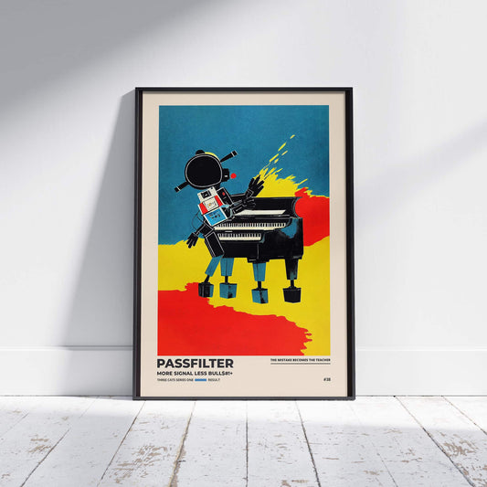 Black framed Passfilter poster sitting on a white wooden floor in a recording studio.