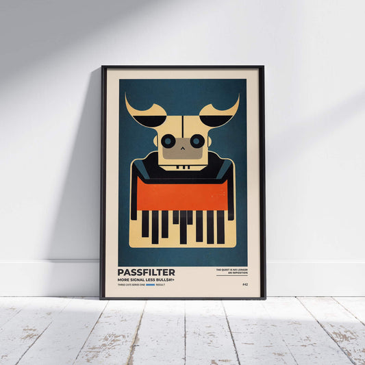 Black framed Passfilter poster sitting on a white wooden floor in a recording studio.