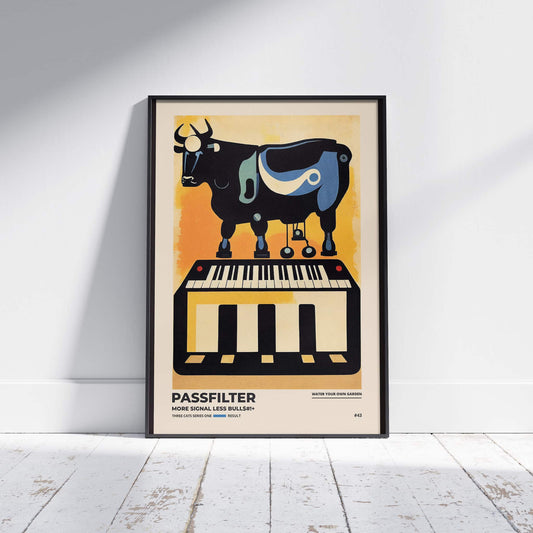 Black framed Passfilter poster sitting on a white wooden floor in a recording studio.