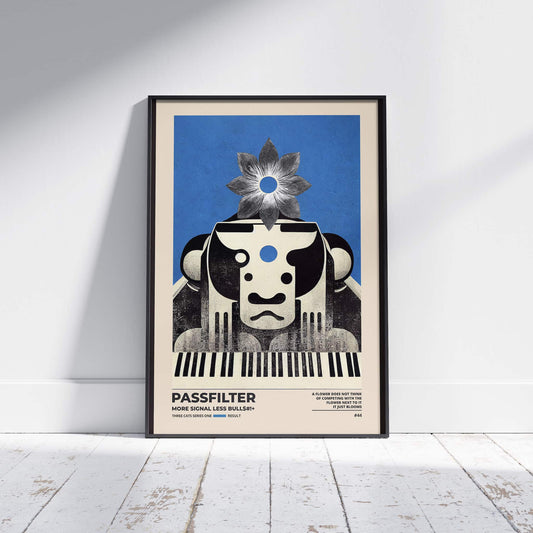 Black framed Passfilter poster sitting on a white wooden floor in a recording studio.