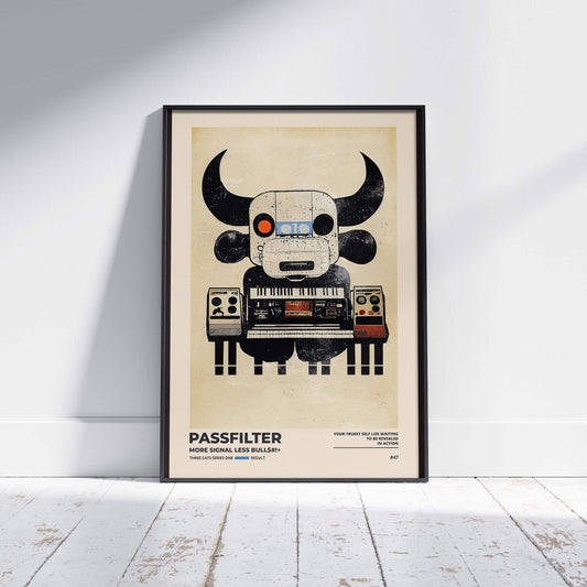 Black framed Passfilter poster sitting on a white wooden floor in a recording studio.