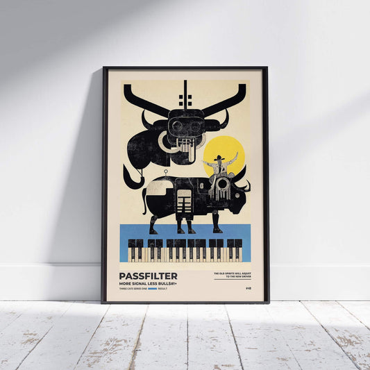 Black framed Passfilter poster sitting on a white wooden floor in a recording studio.
