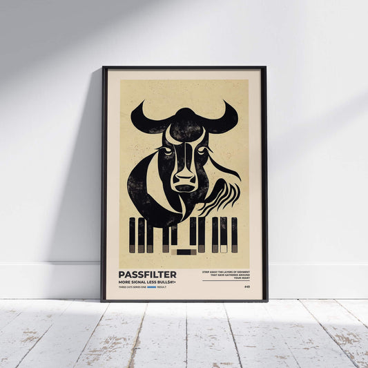 Black framed Passfilter poster sitting on a white wooden floor in a recording studio.