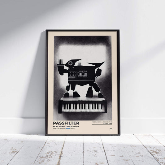 Black framed Passfilter poster sitting on a white wooden floor in a recording studio.