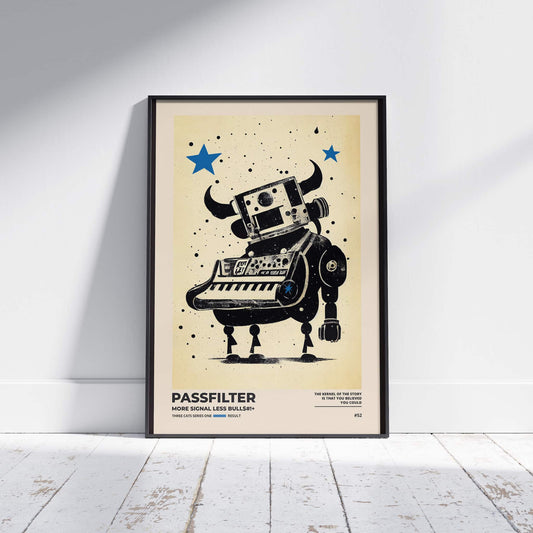 Black framed Passfilter poster sitting on a white wooden floor in a recording studio.