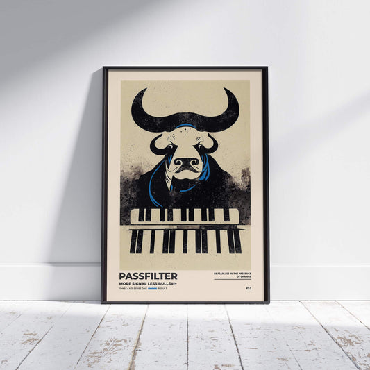 Black framed Passfilter poster sitting on a white wooden floor in a recording studio.
