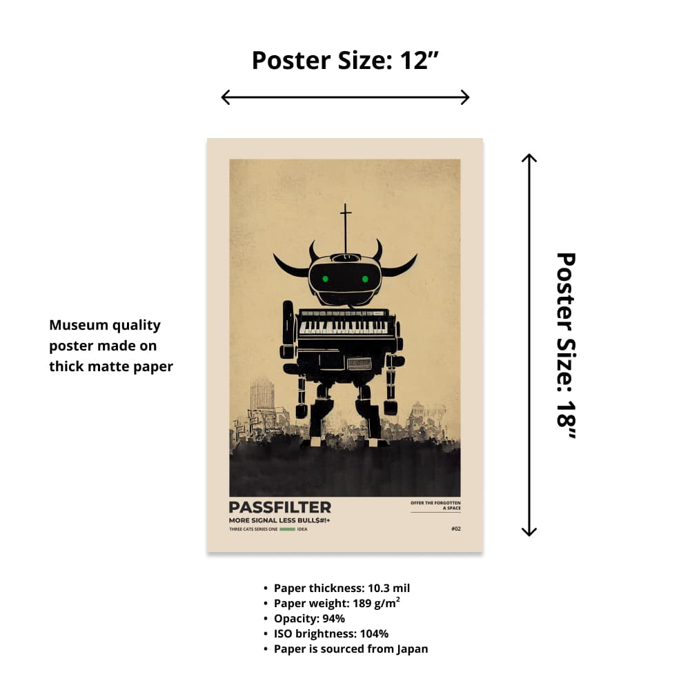 Size chart of a 12” x 18” Passfilter poster with a picture of a robot synthesizer bull and text that describes the materials.