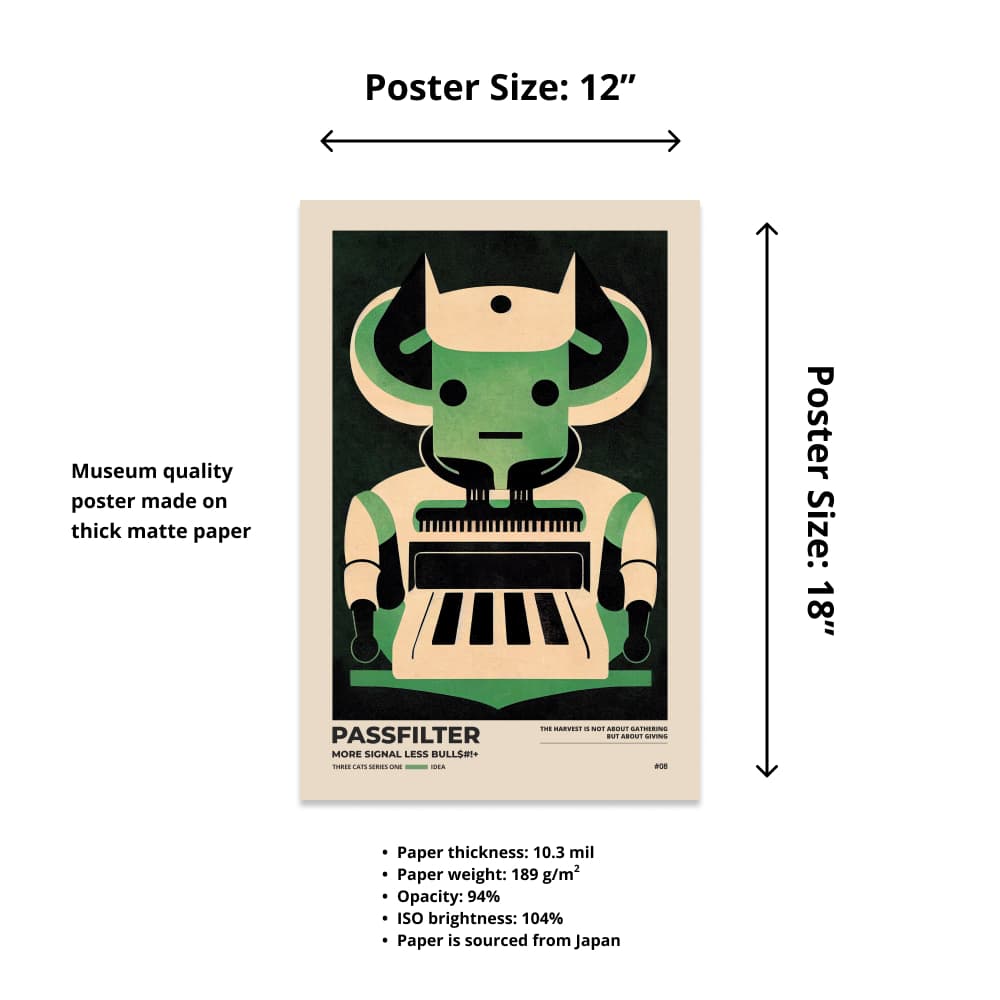 Size chart of a 12” x 18” Passfilter poster with a picture of a robot synthesizer bull and text that describes the materials.