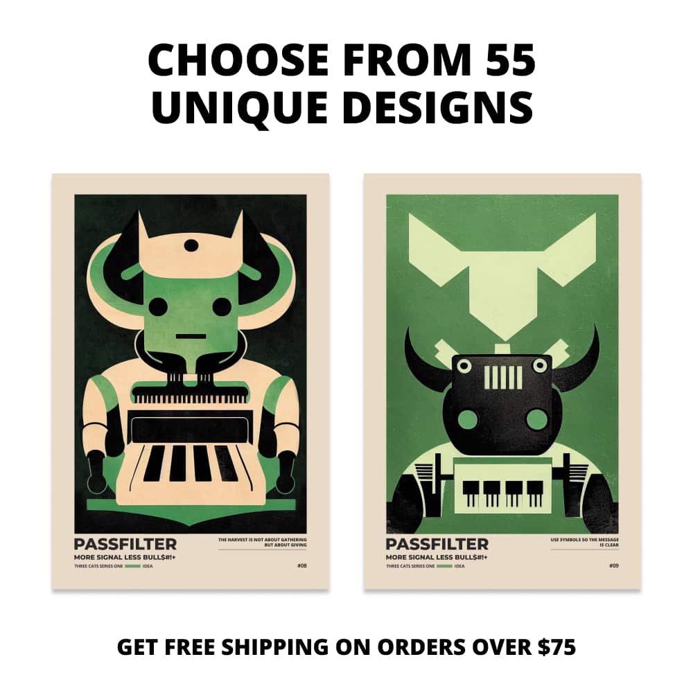 Two Passfilter posters side by side with text that says choose from 55 unique designs and free shipping on orders over $75.