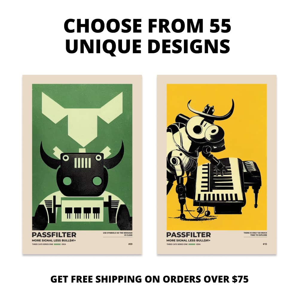 Two Passfilter posters side by side with text that says choose from 55 unique designs and free shipping on orders over $75.