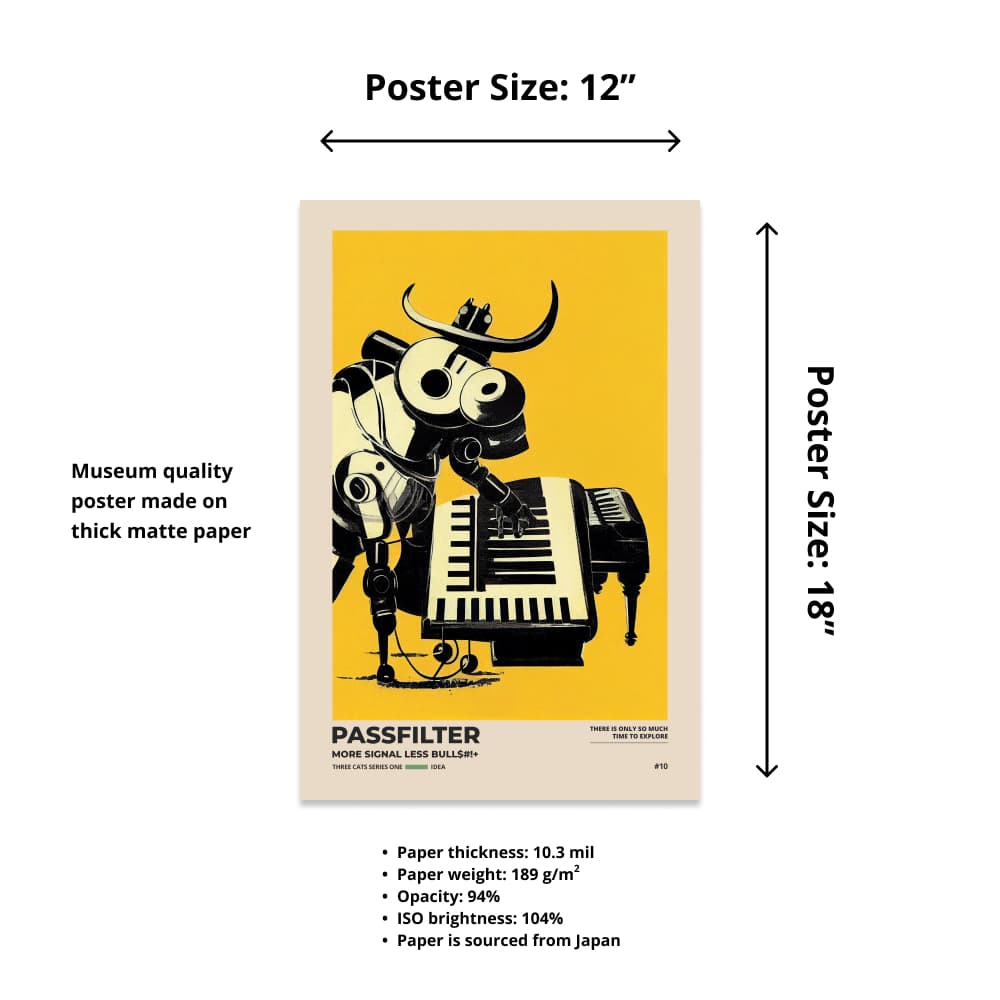 Size chart of a 12” x 18” Passfilter poster with a picture of a robot synthesizer bull and text that describes the materials.