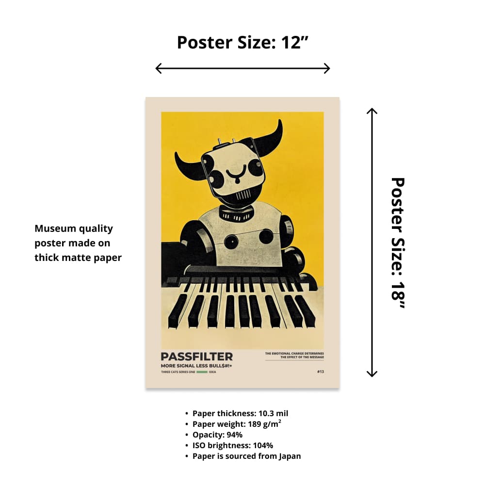 Size chart of a 12” x 18” Passfilter poster with a picture of a robot synthesizer bull and text that describes the materials.