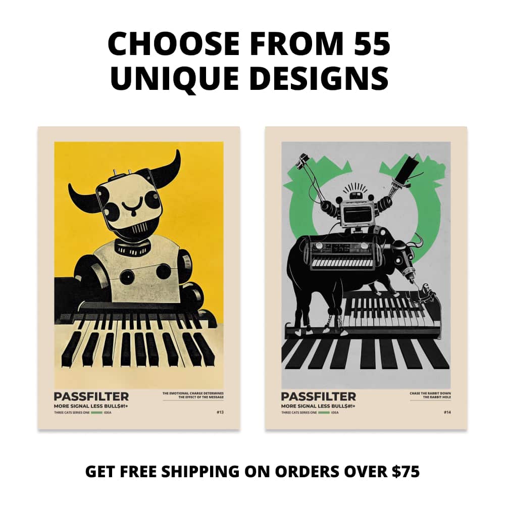 Two Passfilter posters side by side with text that says choose from 55 unique designs and free shipping on orders over $75.