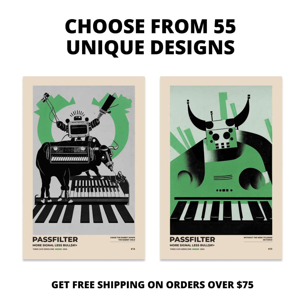 Two Passfilter posters side by side with text that says choose from 55 unique designs and free shipping on orders over $75.