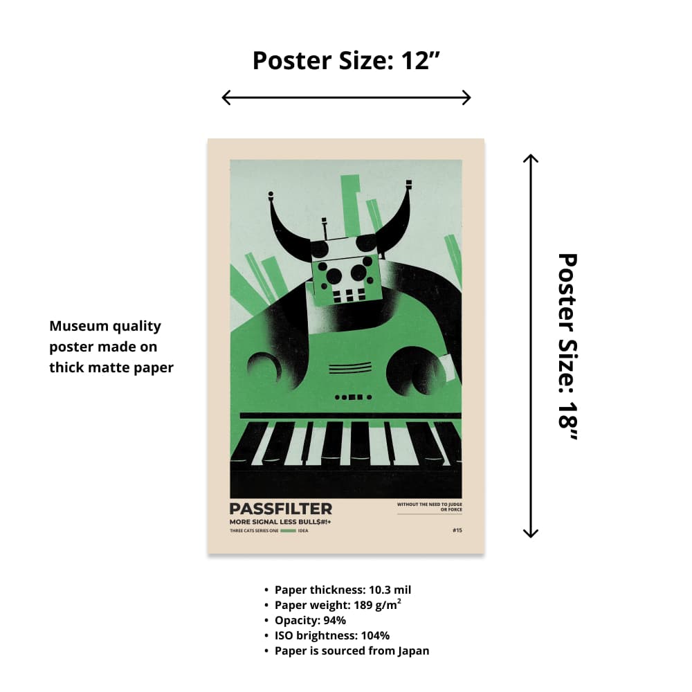 Size chart of a 12” x 18” Passfilter poster with a picture of a robot synthesizer bull and text that describes the materials.