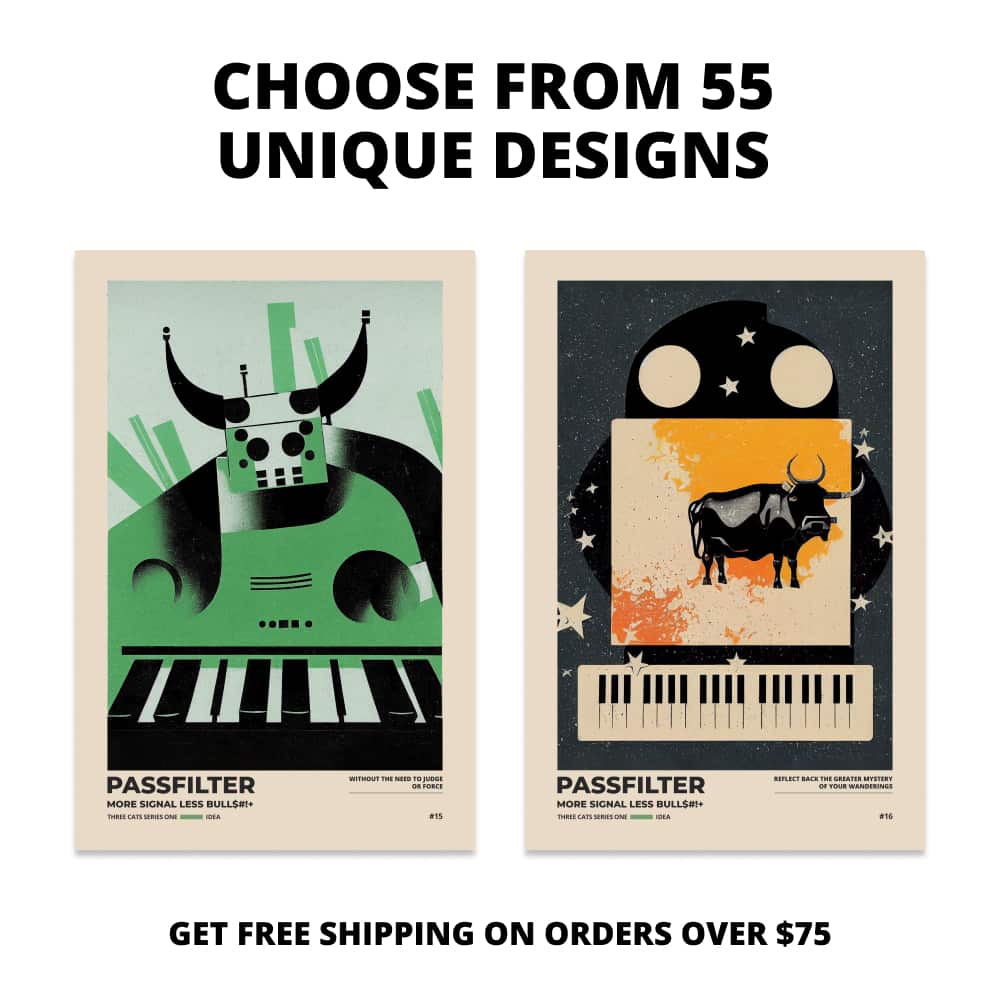 Two Passfilter posters side by side with text that says choose from 55 unique designs and free shipping on orders over $75.