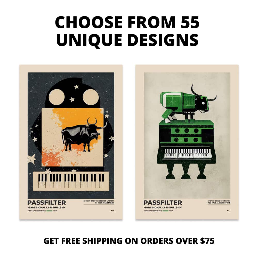 Two Passfilter posters side by side with text that says choose from 55 unique designs and free shipping on orders over $75.