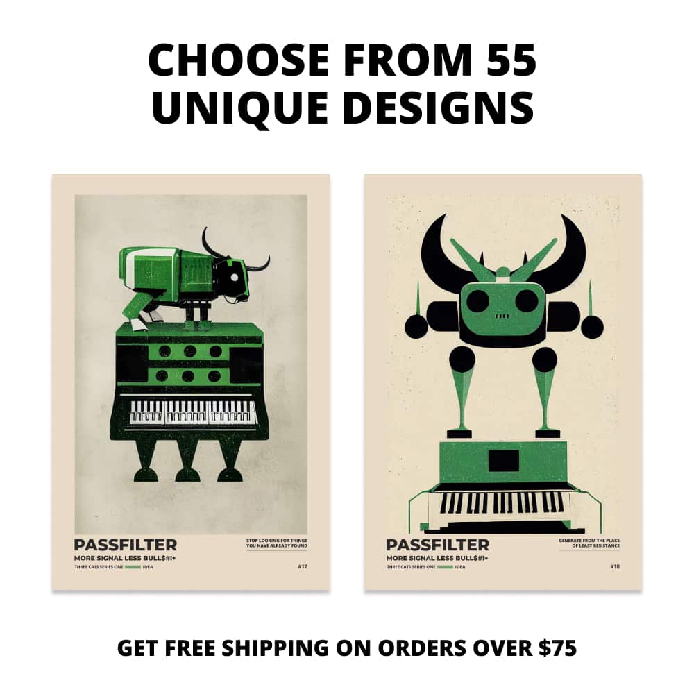 Two Passfilter posters side by side with text that says choose from 55 unique designs and free shipping on orders over $75.