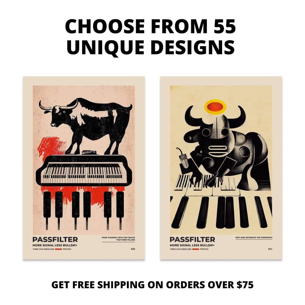 Two Passfilter posters side by side with text that says choose from 55 unique designs and free shipping on orders over $75.