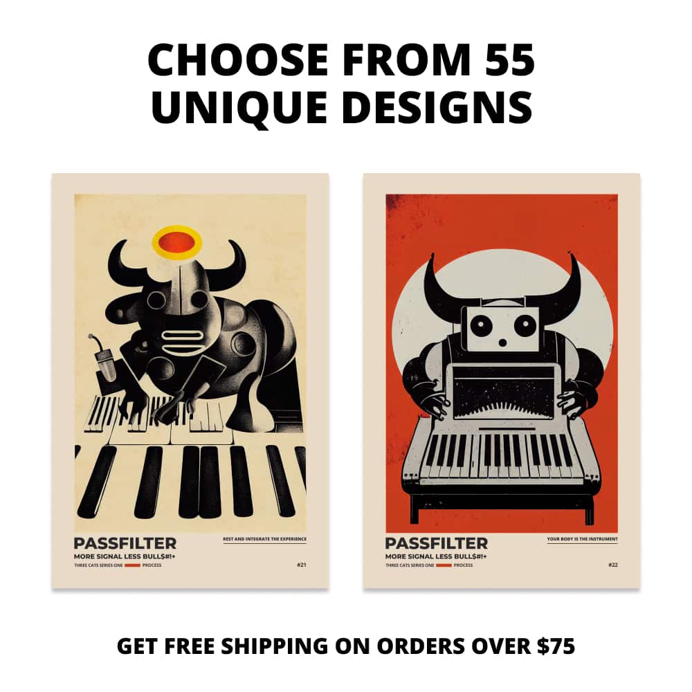 Two Passfilter posters side by side with text that says choose from 55 unique designs and free shipping on orders over $75.