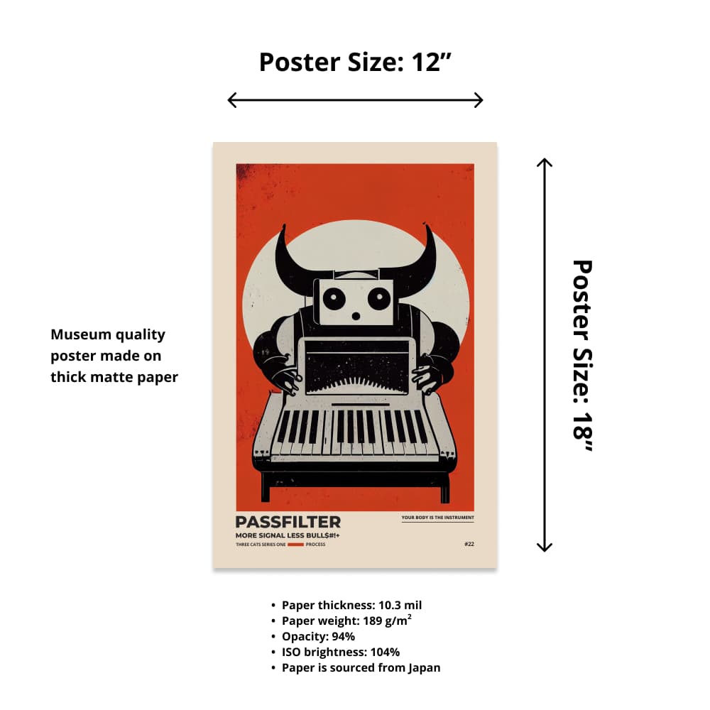 Size chart of a 12” x 18” Passfilter poster with a picture of a robot synthesizer bull and text that describes the materials.