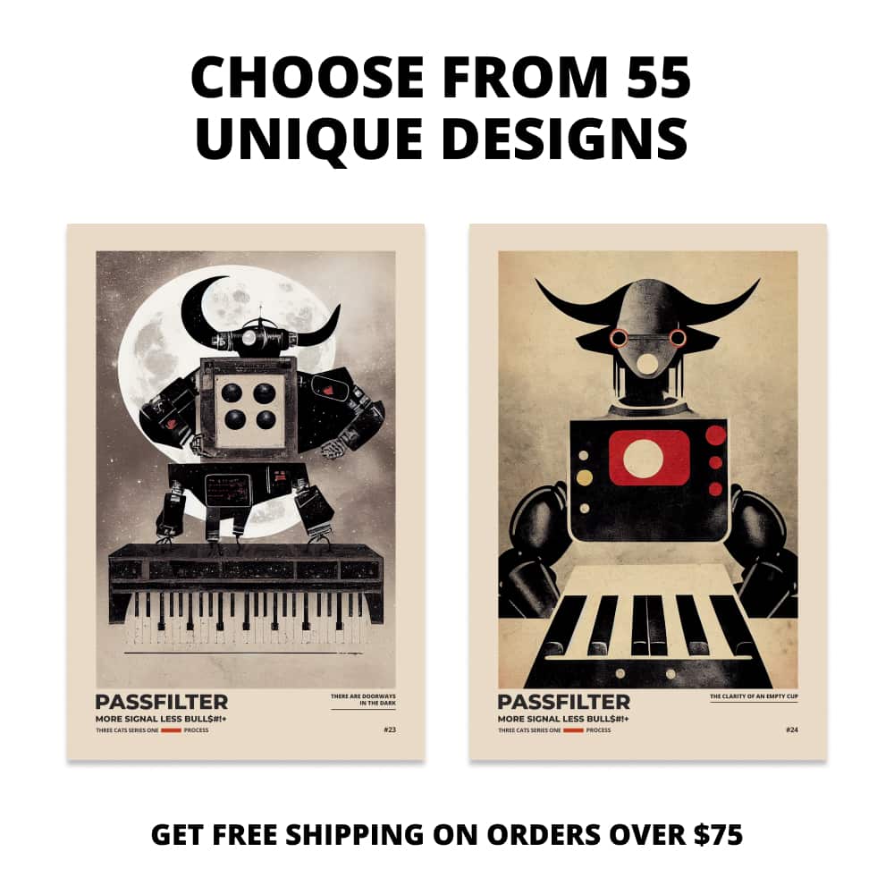 Two Passfilter posters side by side with text that says choose from 55 unique designs and free shipping on orders over $75.