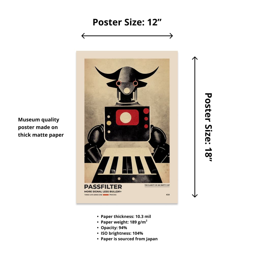 Size chart of a 12” x 18” Passfilter poster with a picture of a robot synthesizer bull and text that describes the materials.
