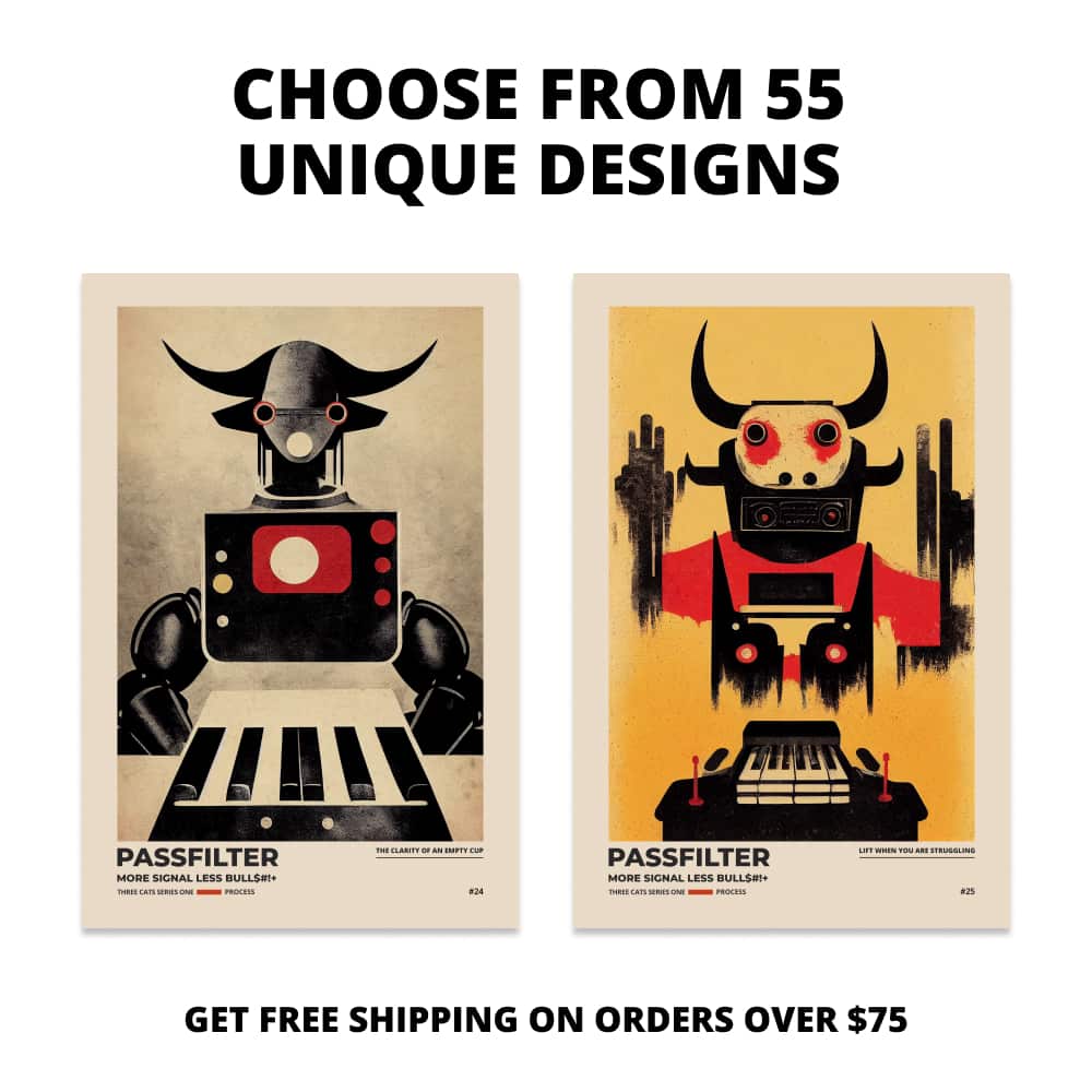 Two Passfilter posters side by side with text that says choose from 55 unique designs and free shipping on orders over $75.