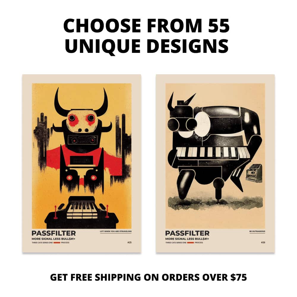 Two Passfilter posters side by side with text that says choose from 55 unique designs and free shipping on orders over $75.