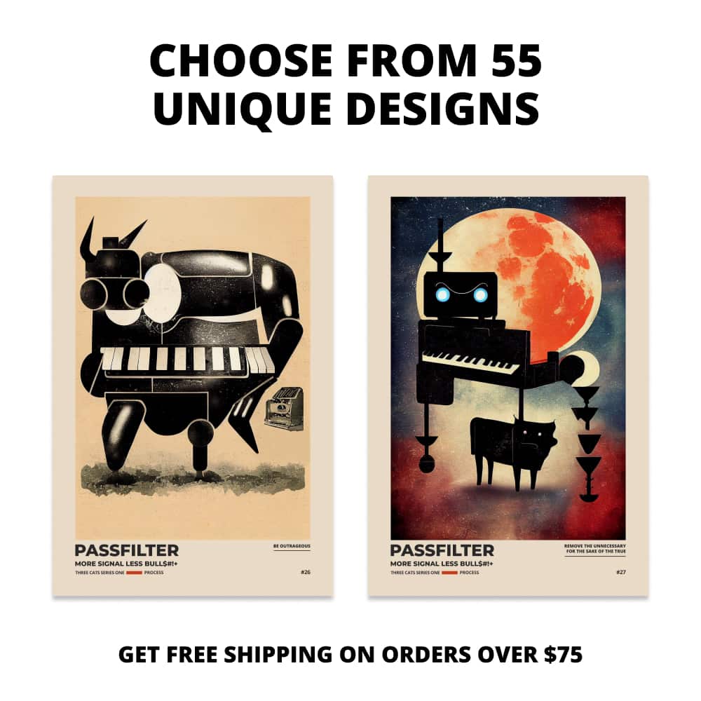 Two Passfilter posters side by side with text that says choose from 55 unique designs and free shipping on orders over $75.