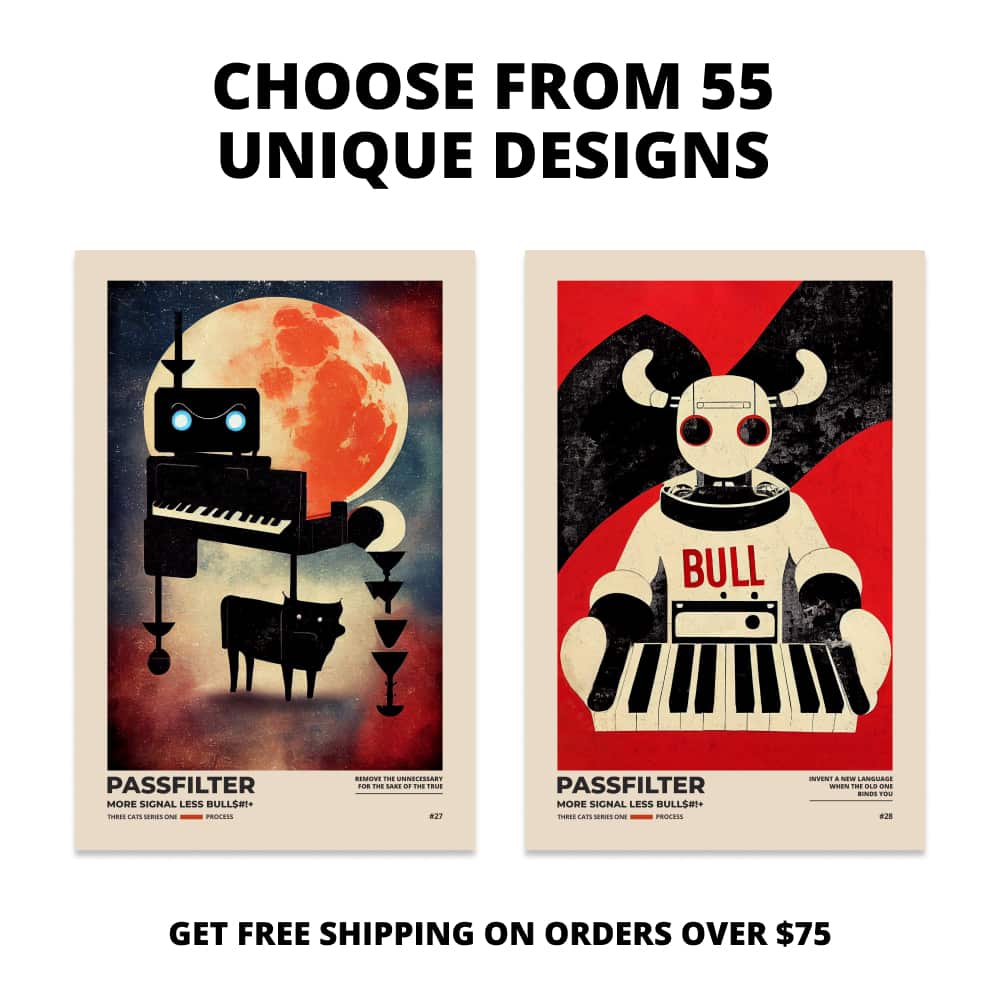 Two Passfilter posters side by side with text that says choose from 55 unique designs and free shipping on orders over $75.